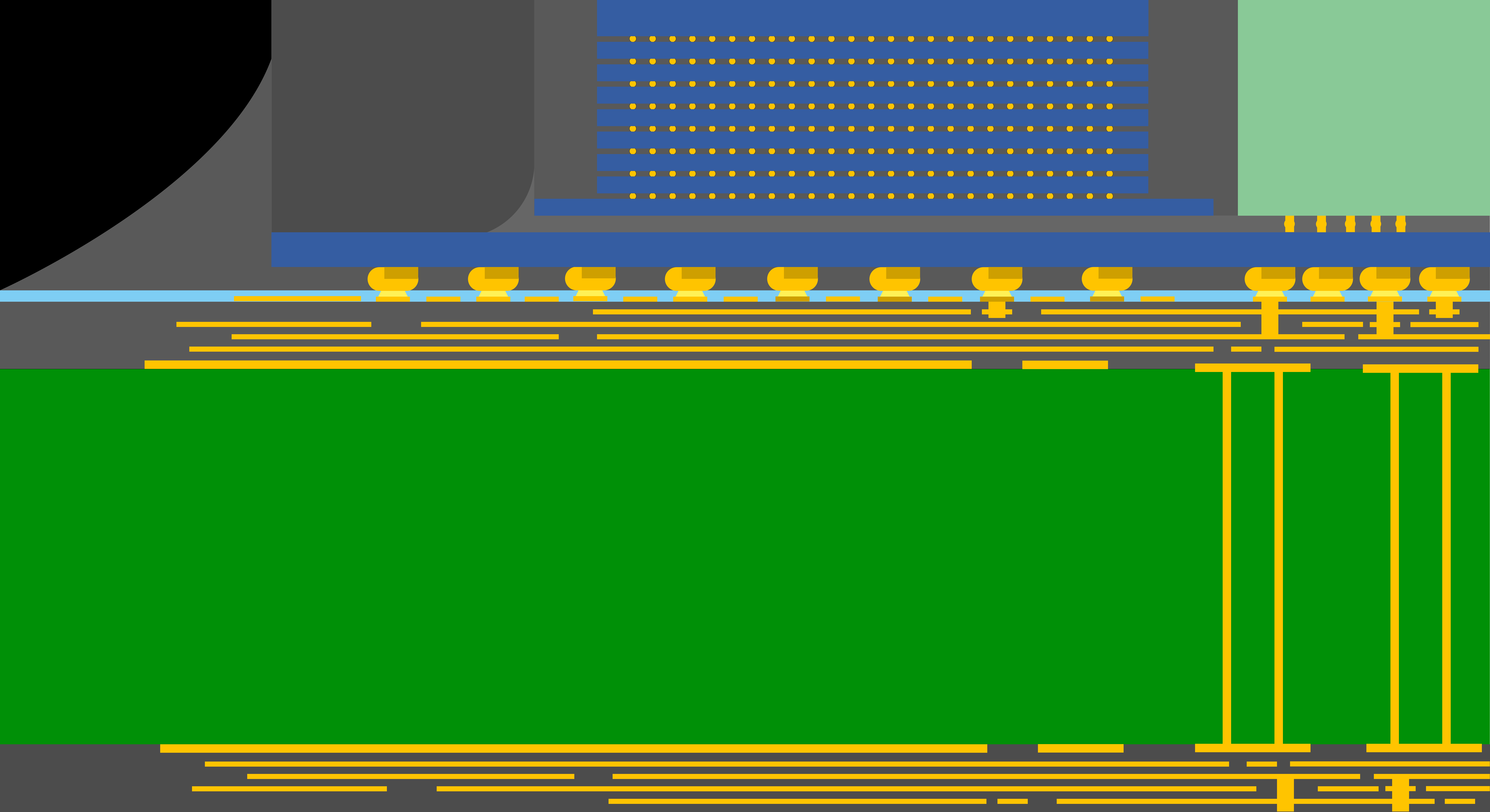 Simplified cross-section diagram of a high-bandwidth memory HBM stack showing stacked DRAM dies and through-silicon vias
