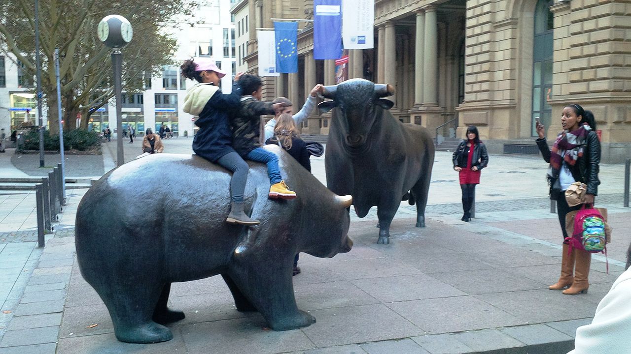 The bull and bear bronze statues outside the Frankfurt Stock Exchange symbolizing rising and falling markets
