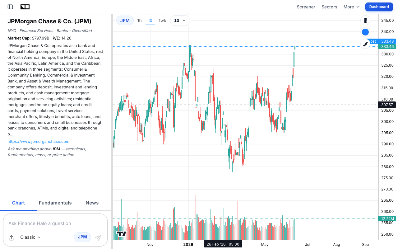 JPMorgan Chase JPM stock chart on Finance Halo showing a breakout with a P/E around 14