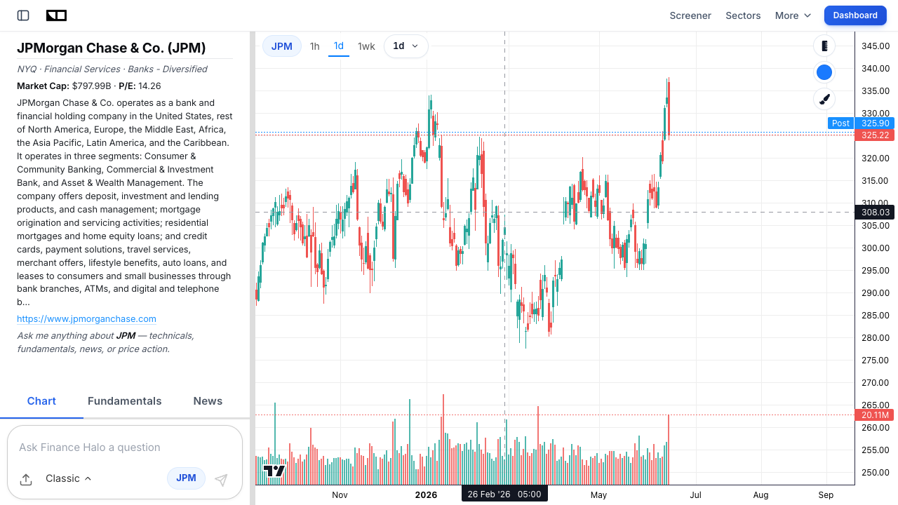 JPMorgan Chase (JPM) stock price chart on Finance Halo, a money-center bank trading at a premium to book value